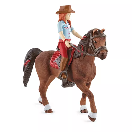 Schleich 42539 Rudowłosa Hannah z ruchomymi stawami na koniu, 15 cm